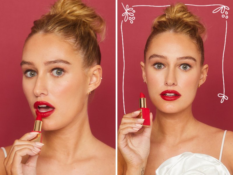 A person with her hair up applies red lipstick in one photo and holds up the lipstick in another