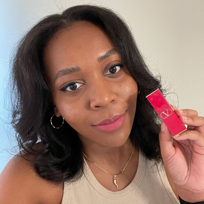 person wearing Valentino Beauty Rosso Valentino Refillable Lipstick 112R Blushing Nude
